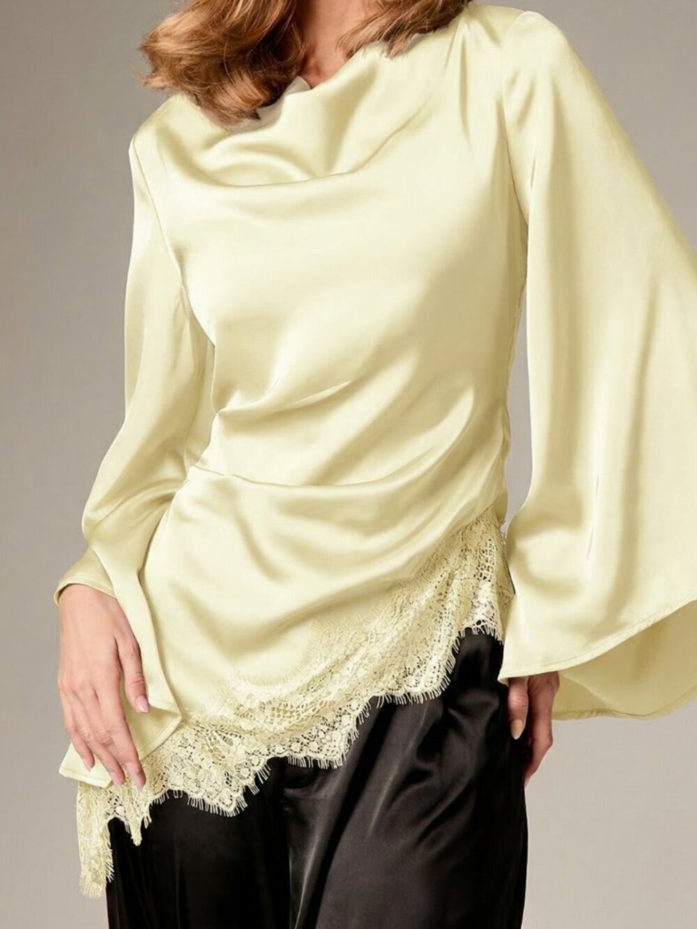 Yellow Elegant Women's Asymmetrical Peplum Top with Lace